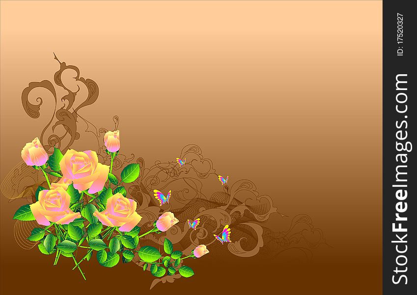 Orange roses and abstract lines on a brown background. Vector illustration. Orange roses and abstract lines on a brown background. Vector illustration.