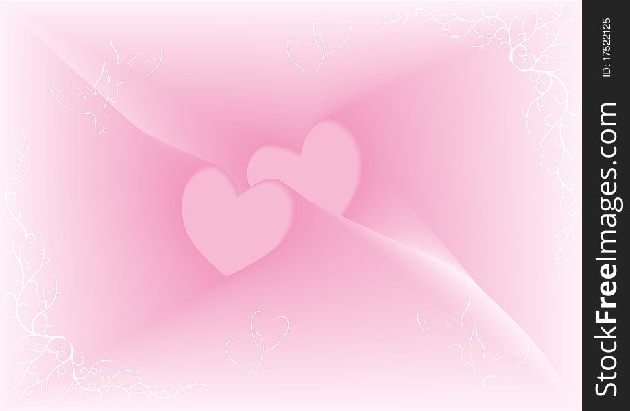 Two hearts against the pink abstract background and white frame