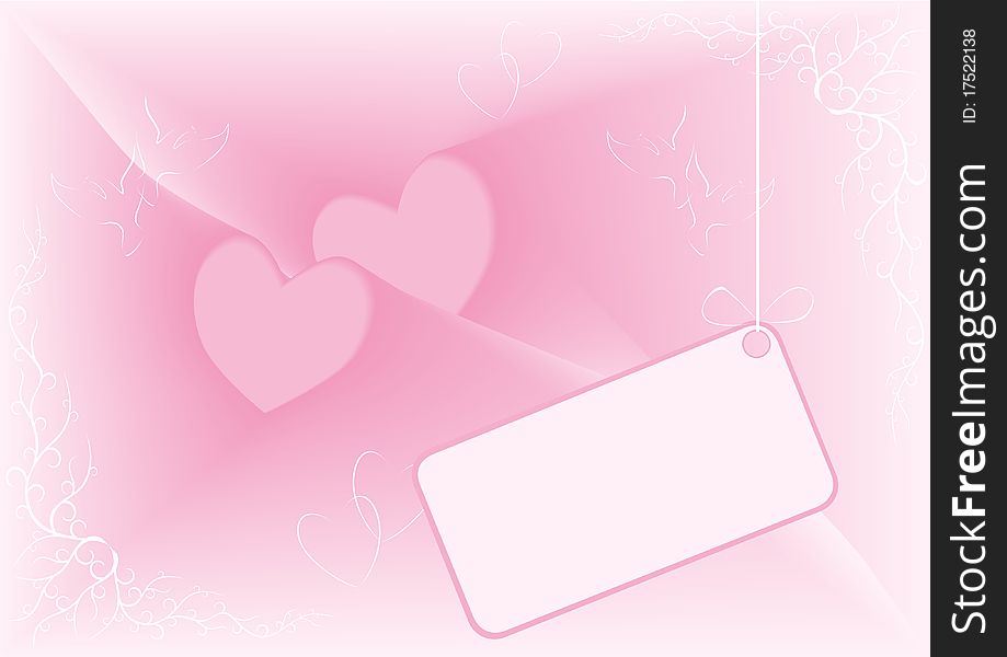 Two hearts against the pink abstract background and white frame. Two hearts against the pink abstract background and white frame