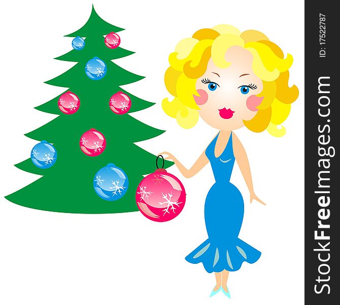 Well-dressed blonde woman in a blue dress decorated Christmas tree with red and blue balls. Well-dressed blonde woman in a blue dress decorated Christmas tree with red and blue balls