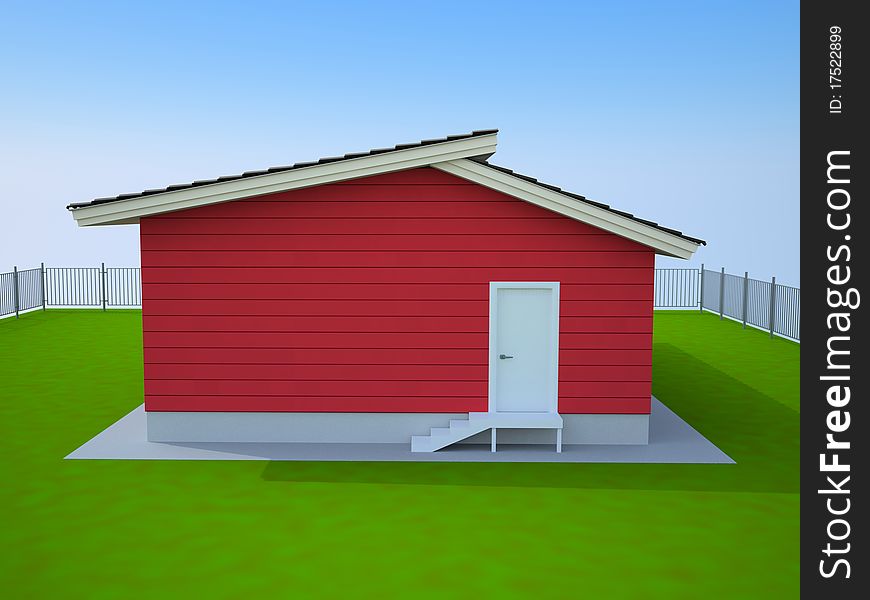 Red small house with a white door