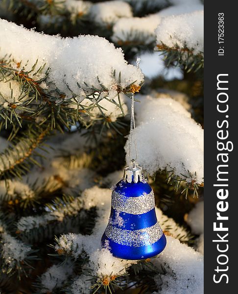 Christmas decoration on fir branch outdoors