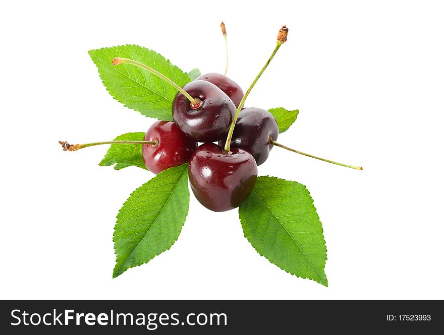 Sweet cherries with leaves, isolated on white