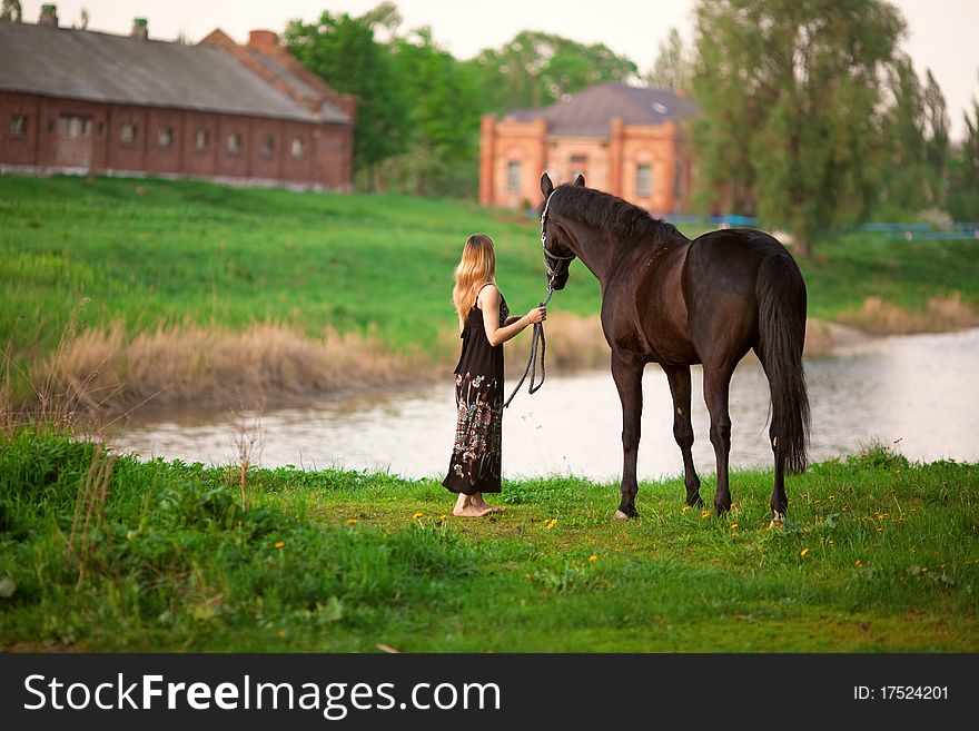 Woman and horse portrait, pretty