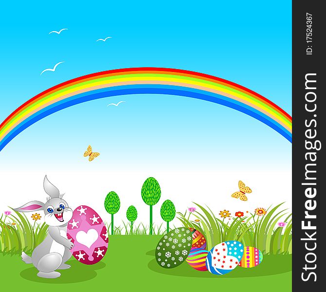 Easter bunny with rainbow and butterflies