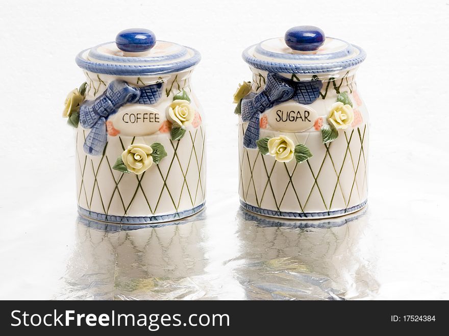 Ceramic containers for coffee and sugar. Ceramic containers for coffee and sugar