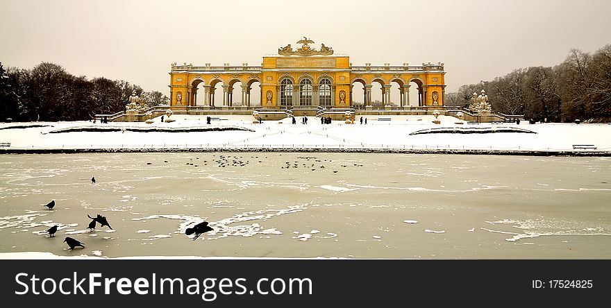 The building is on top of the hill overlooking the Schonbrunn Palaca in Vienna, Austria. The building is on top of the hill overlooking the Schonbrunn Palaca in Vienna, Austria.