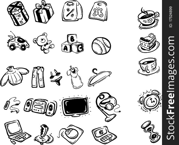 Icons/badge different goods four types: toys, cloth, electronics, computers. Also, there is badge of the different packing, badge cafe and time. Icons/badge different goods four types: toys, cloth, electronics, computers. Also, there is badge of the different packing, badge cafe and time