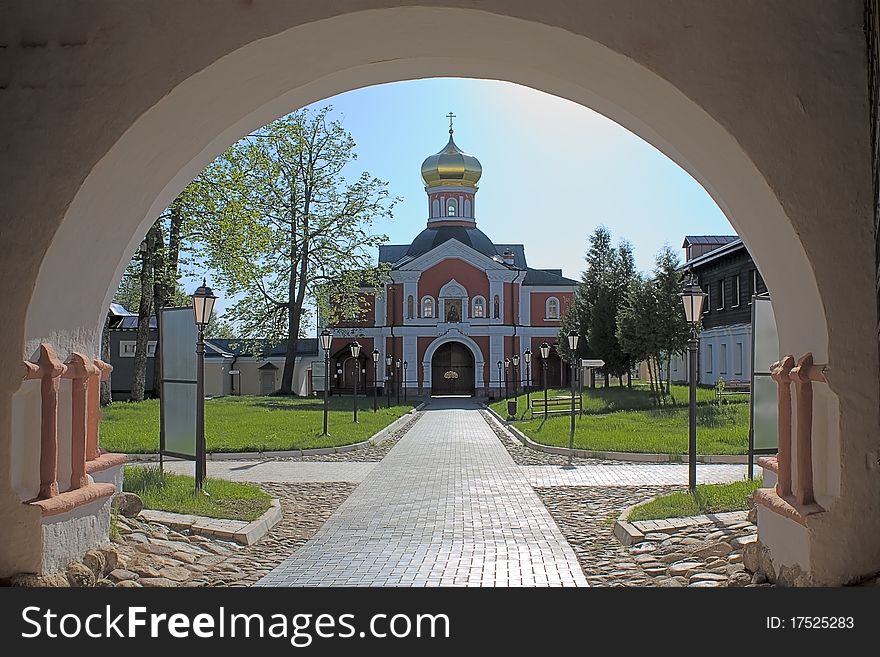 View through arch of church Iversky Monastery, Russia. View through arch of church Iversky Monastery, Russia.