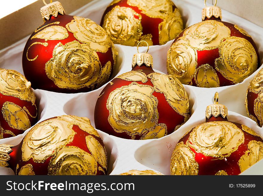 The New Year's spheres used for an ornament of fur-trees (in a box, focus on the central sphere). The New Year's spheres used for an ornament of fur-trees (in a box, focus on the central sphere)