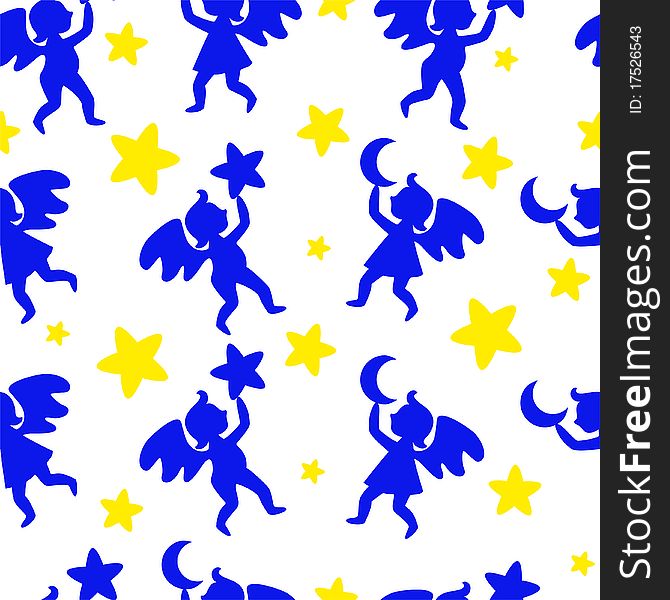 Seamless blue ornament with the angels and the yellow stars. Seamless blue ornament with the angels and the yellow stars