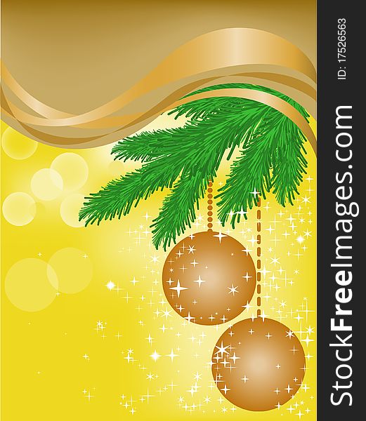 Christmassy yellow background with brown ribbons and two balls