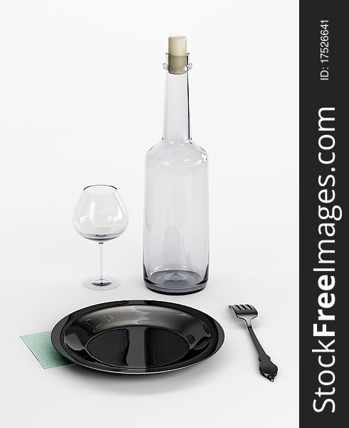 Cutlery: A bottle, glass, plate, fork and napkin