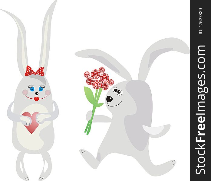 Rabbit running to favourite with a bouquet of roses. Rabbit running to favourite with a bouquet of roses