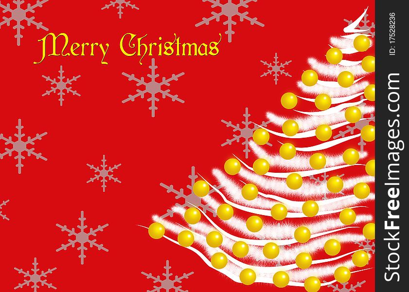 A white Christmas tree decorated with golden balls on a red snowing background. Digital drawing. Coloured picture. A white Christmas tree decorated with golden balls on a red snowing background. Digital drawing. Coloured picture.