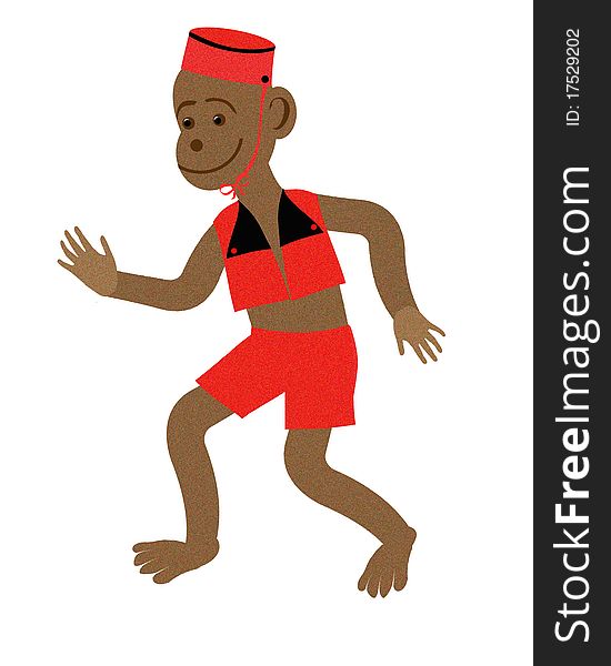 Brown monkey with red hat and vest illustration. Brown monkey with red hat and vest illustration