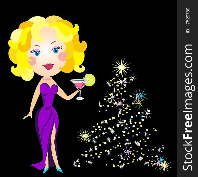 Beautiful blonde dressed in a lavender dress drink martinis about decorating Christmas tree. Beautiful blonde dressed in a lavender dress drink martinis about decorating Christmas tree