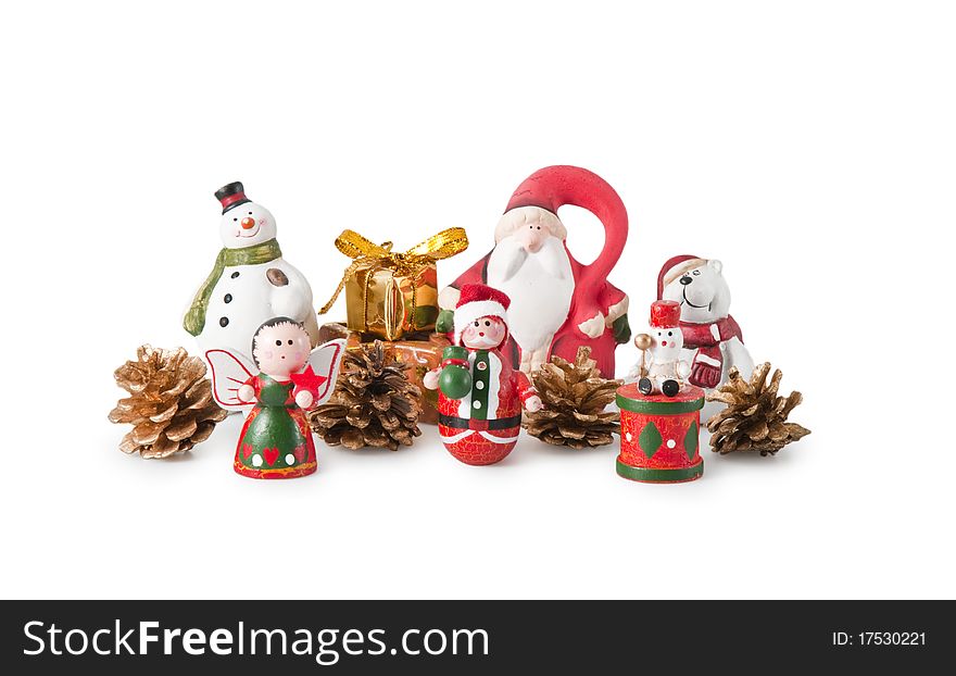 Santa Claus, a snowman and teddy bear isolated on a white background