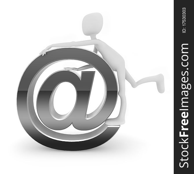 3d human with a silver e-mail symbol. 3d human with a silver e-mail symbol