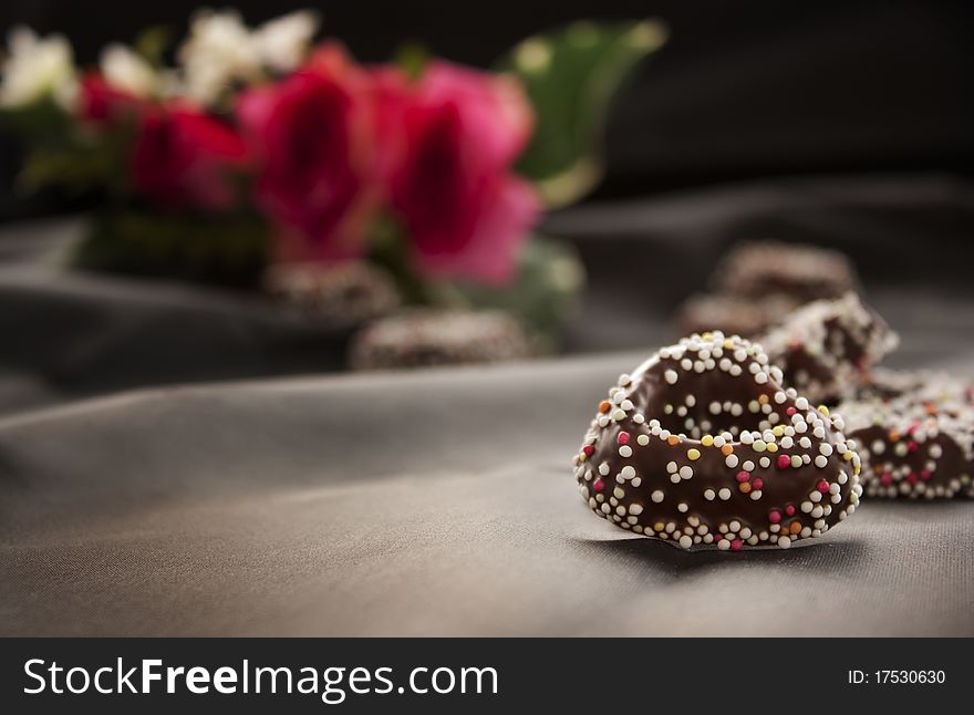 Heart shaped gingerbread cookies with chocolate and colorful frosting. Heart shaped gingerbread cookies with chocolate and colorful frosting.