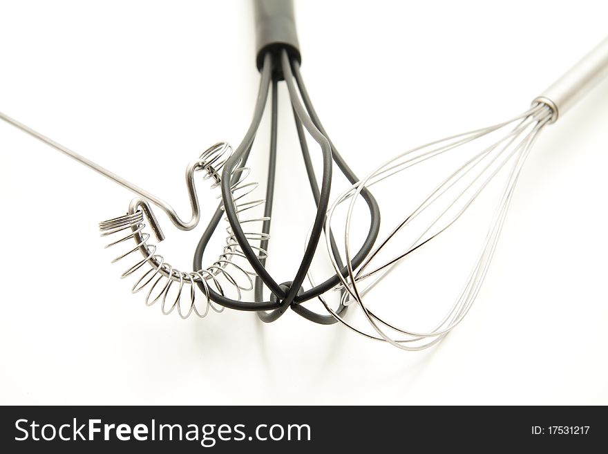 Whisk of metal and plastic onto white background