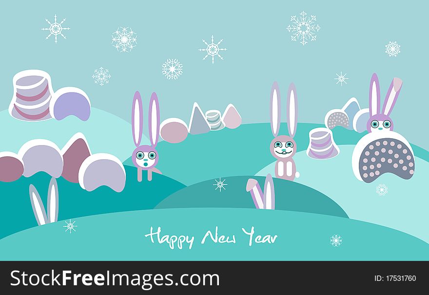 Winter landscape with rabbits