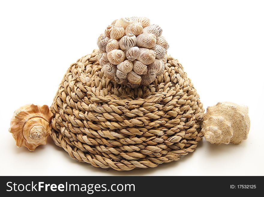 Sea shell onto woven basket