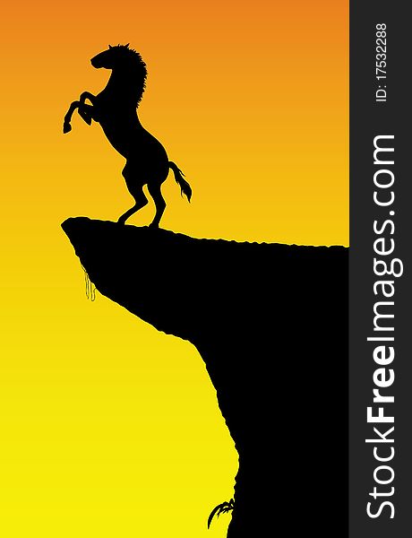 A horse rearing on a rock, at sunset. Editable illustration. A horse rearing on a rock, at sunset. Editable illustration.