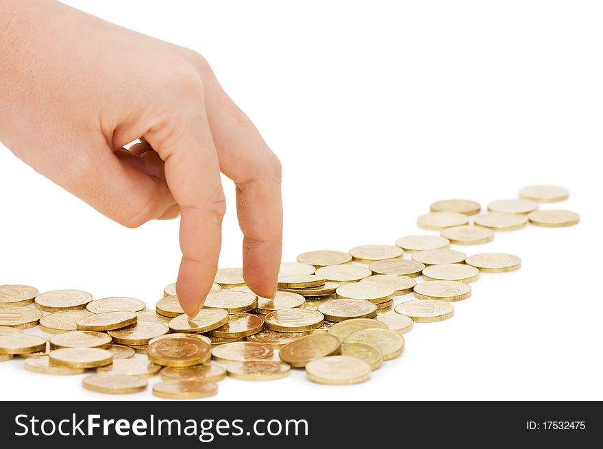 Hands with coins isolated on white