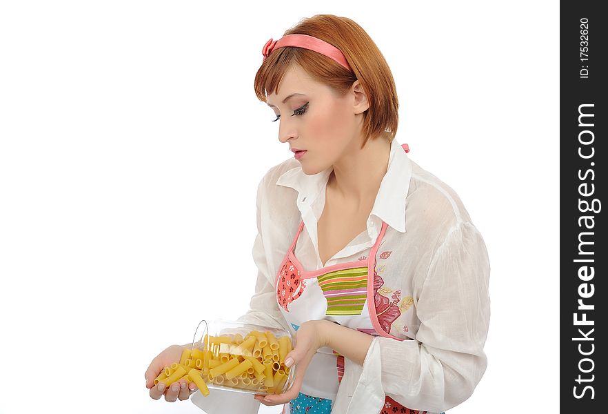 Beautiful cooking woman in apron with italian pasta. isolated on white background. Beautiful cooking woman in apron with italian pasta. isolated on white background