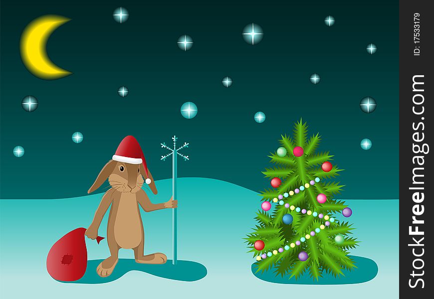 Christmas tree and rabbit. Vector illustration