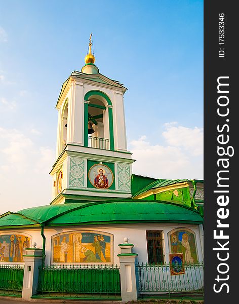 This green-white temple was photographed near the observation platform, Moscow State University