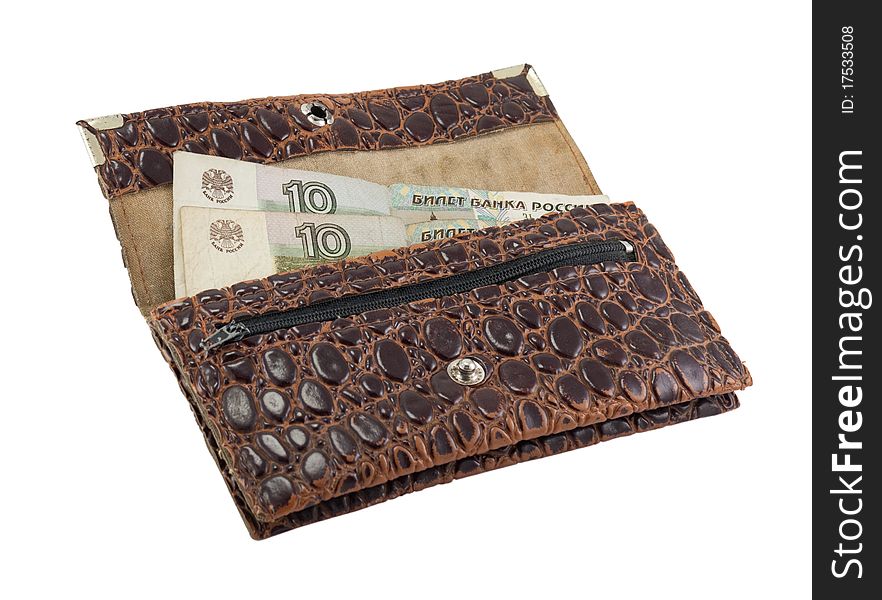 Old purse with money. It is isolated on a white background. Old purse with money. It is isolated on a white background.