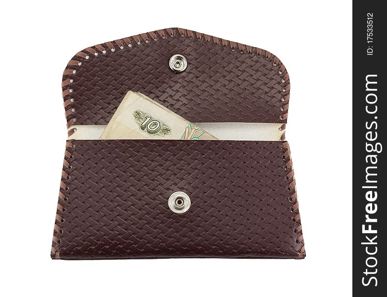 Old purse with money. Isolated on a white background. Old purse with money. Isolated on a white background.