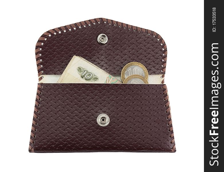 Old purse with money. Isolated on a white background. Old purse with money. Isolated on a white background.