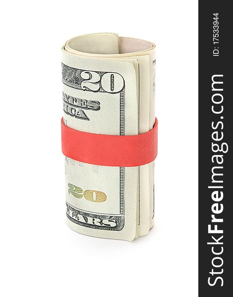 Twenty dollar bills held together with red elastic band signifying saving for the future. Twenty dollar bills held together with red elastic band signifying saving for the future