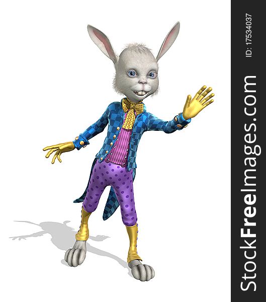 An Easter Bunny dressed in colorful clothes offers a friendly greeting - 3D render. An Easter Bunny dressed in colorful clothes offers a friendly greeting - 3D render.