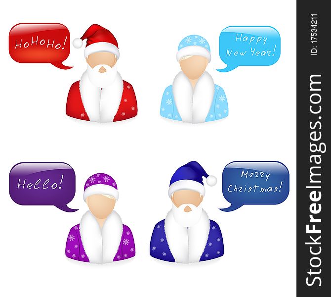 2 Snow Maiden And 2 Santa Claus Icons With Dialog Bubbles, Isolated On White, Vector Illustration. 2 Snow Maiden And 2 Santa Claus Icons With Dialog Bubbles, Isolated On White, Vector Illustration