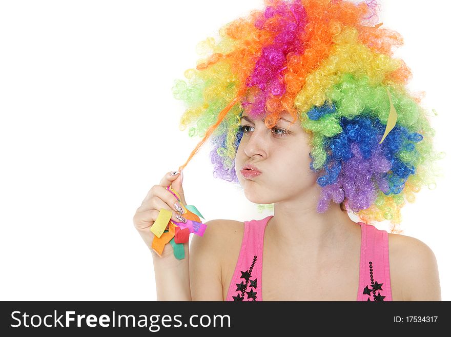 Woman In Colorful Clownish Wig Over White