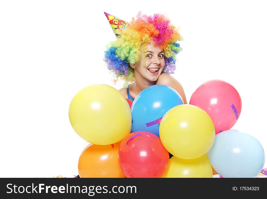 Young happy woman with colorful balloons
