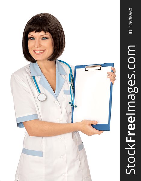 The doctor holding clipboard with blank paper in the hand