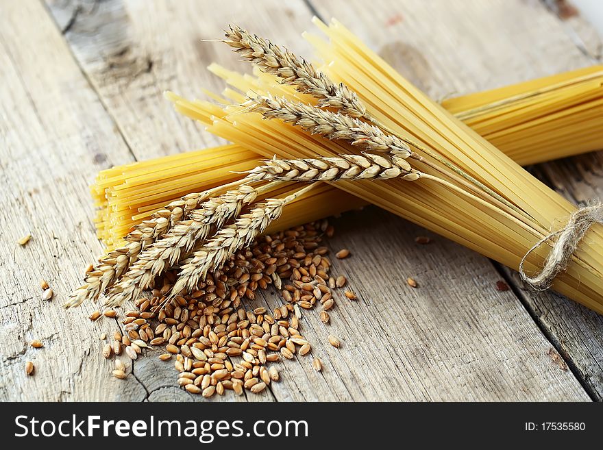 Pasta and grains of wheat. Pasta and grains of wheat