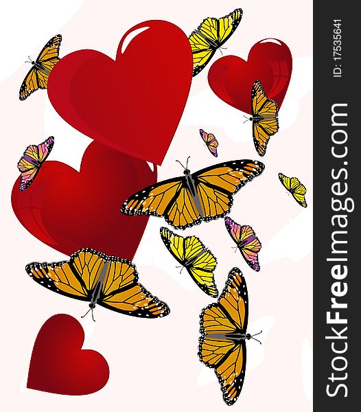 Butterflies floating around hearts