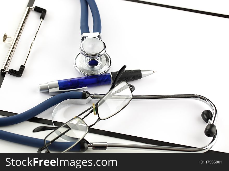 Blue stethoscope on a white background