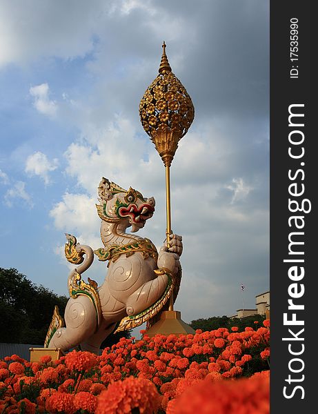 Thai arts lion symbol golden flowers dedicate