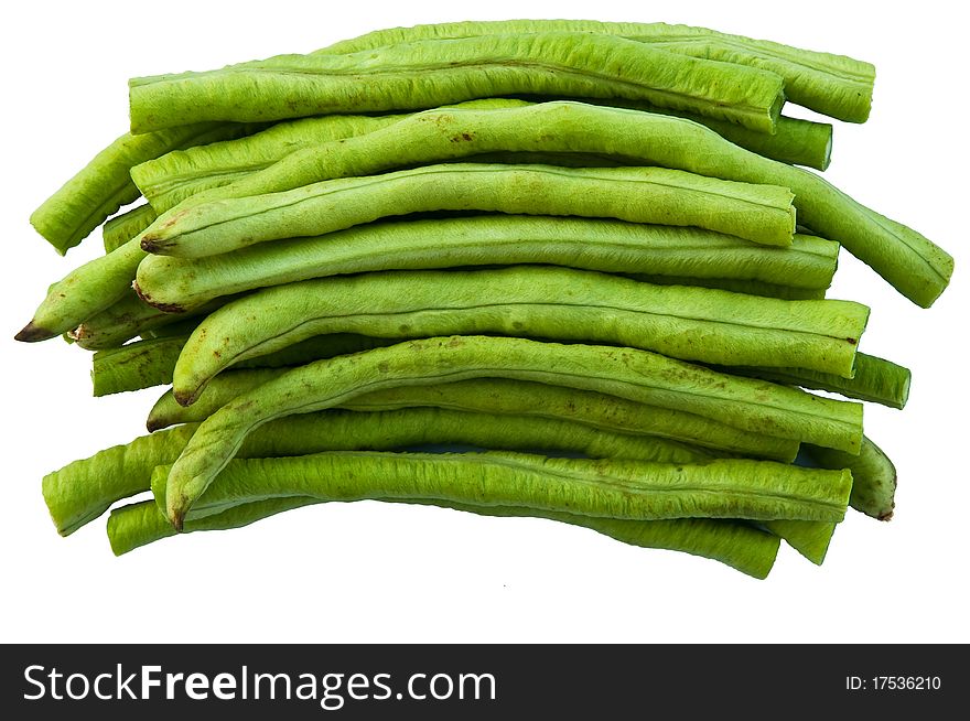 A grouping of fresh long beans on white background. A grouping of fresh long beans on white background.