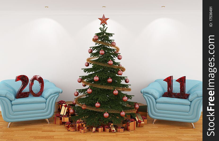 3d image Christmas tree in the interior with blue leathern chairs, and 2011 from water. 3d image Christmas tree in the interior with blue leathern chairs, and 2011 from water