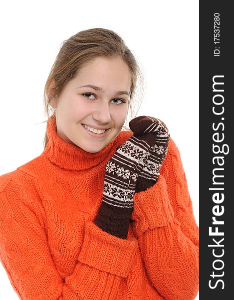 Winter young woman separately on a white background