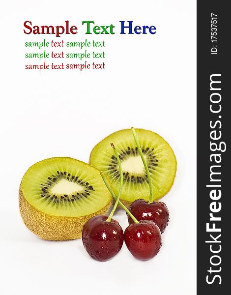 Kiwi and cherry fruit isolated on white background with sample text area.