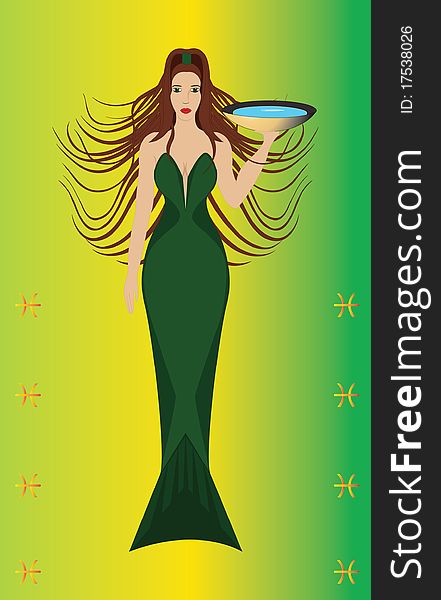 The girl the mermaid costs and in hands holds a dish with water, zodiac sign fish. The girl the mermaid costs and in hands holds a dish with water, zodiac sign fish